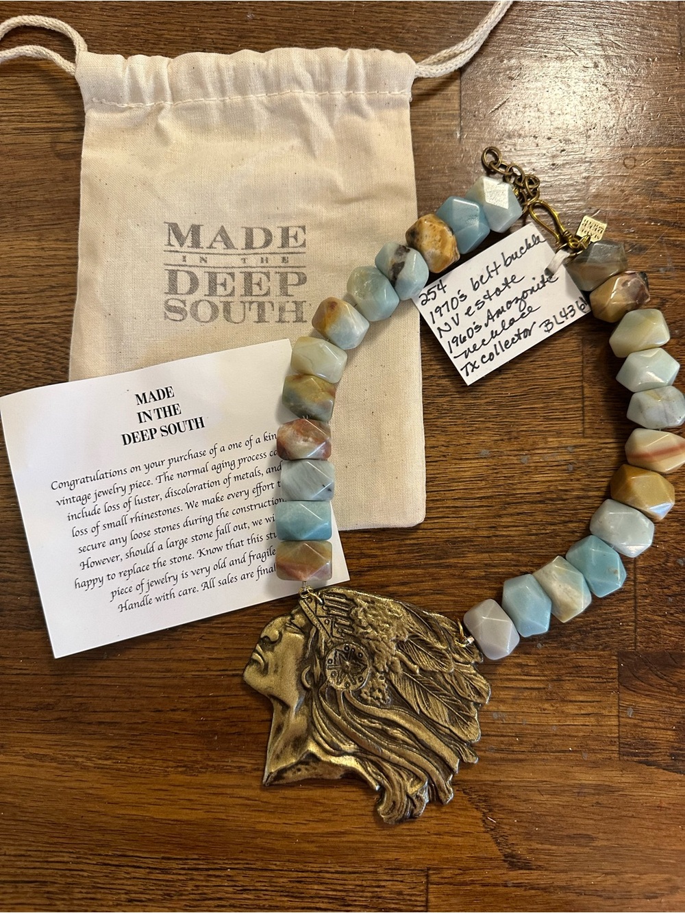 Made In The Deep South Amazonite & 1970s Native American Head Statement Necklace